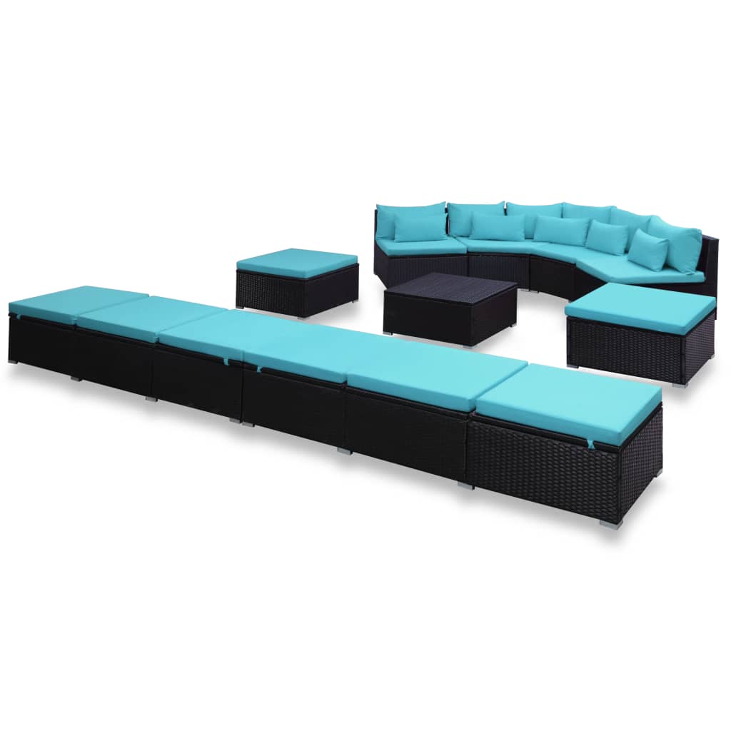 vidaXL 9-tlg. Garten-Sofagarnitur mit Kissen Blau Poly Rattan