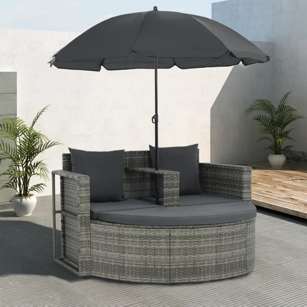vidaXL Gartenbett mit Sonnenschirm Braun Poly Rattan
