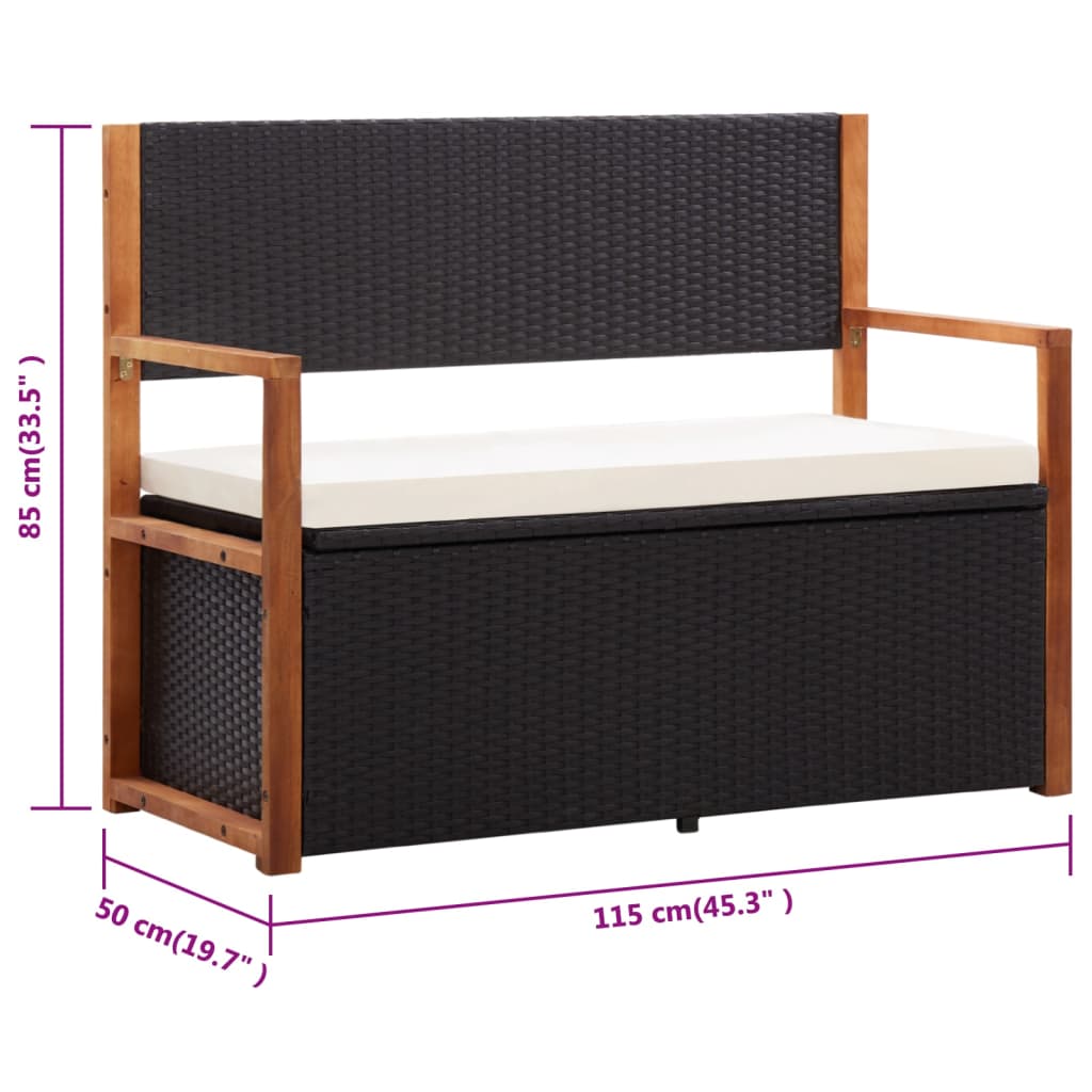 vidaXL Bank mit Stauraum 115 cm Poly Rattan Massivholz Akazie Schwarz