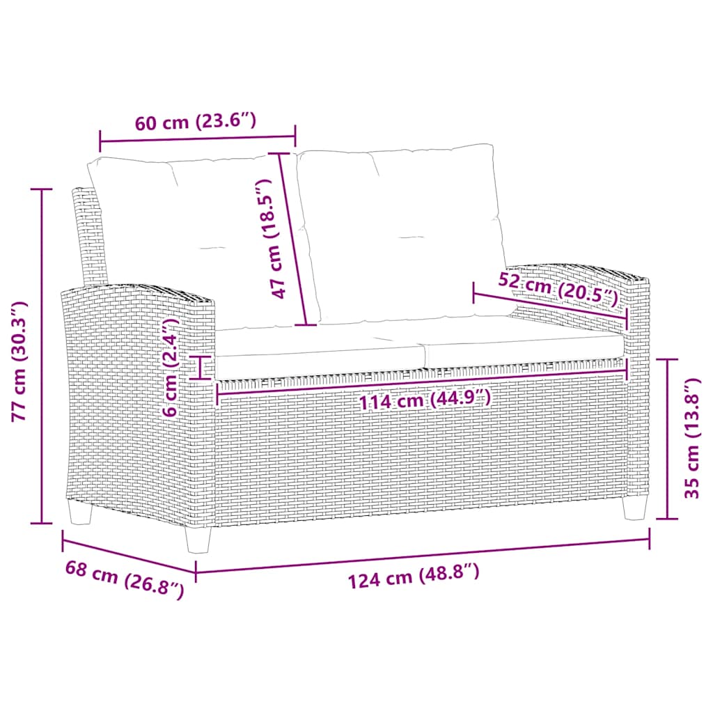 vidaXL 2-Sitzer-Gartensofa mit Kissen Grau 124 cm Poly Rattan