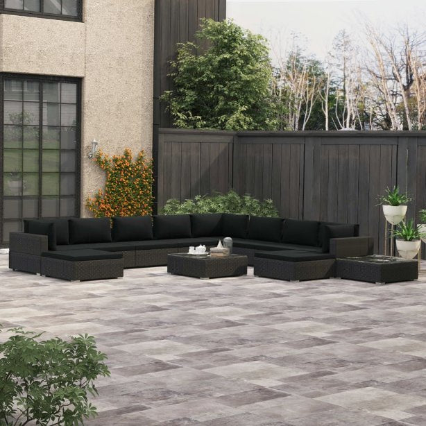 vidaXL 12-tlg. Garten-Lounge-Set mit Auflagen Poly Rattan Schwarz