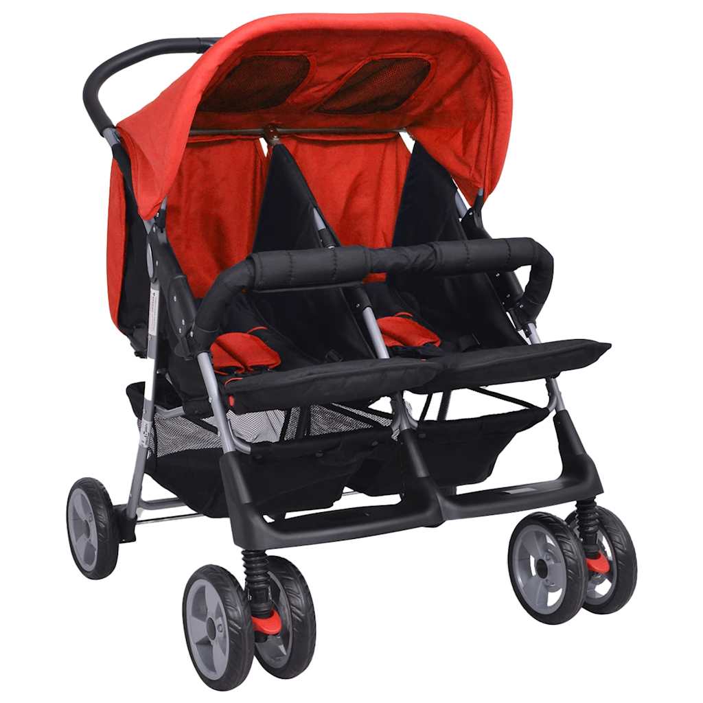 vidaXL Zwillingskinderwagen Stahl Rot und Schwarz