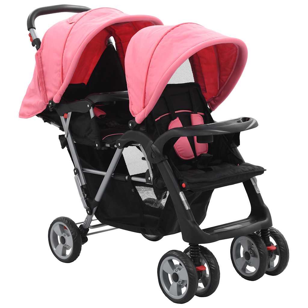 vidaXL Tandem-Kinderwagen Stahl Rot und Schwarz