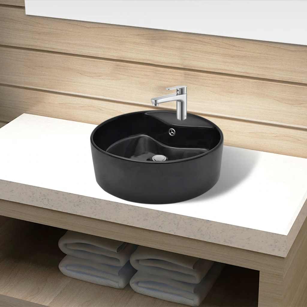 Keramik Waschbecken Hahnloch/Überlaufloch weiß rund