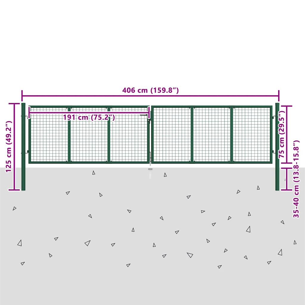 vidaXL Maschen-Gartentor aus Stahl 400 x 75 cm Grün