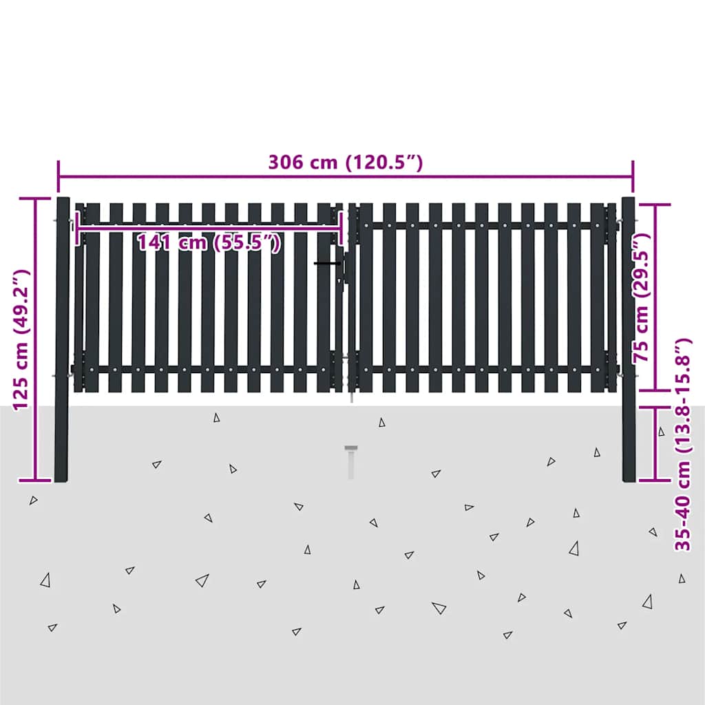 vidaXL Doppeltür-Zauntor aus Stahl 300 x 75 cm Anthrazit