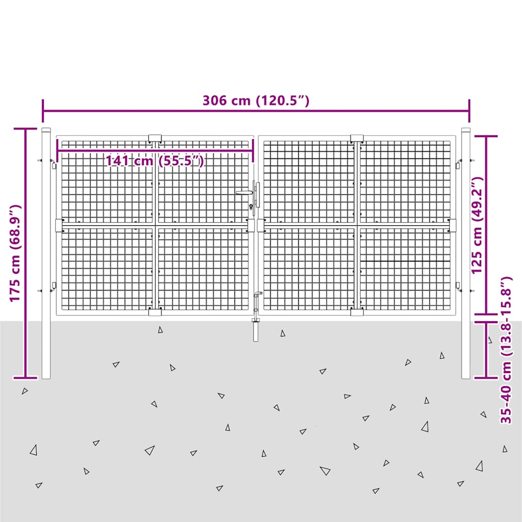 vidaXL Maschen-Gartentor Anthrazit 300x125 cm Verzinkter Stahl