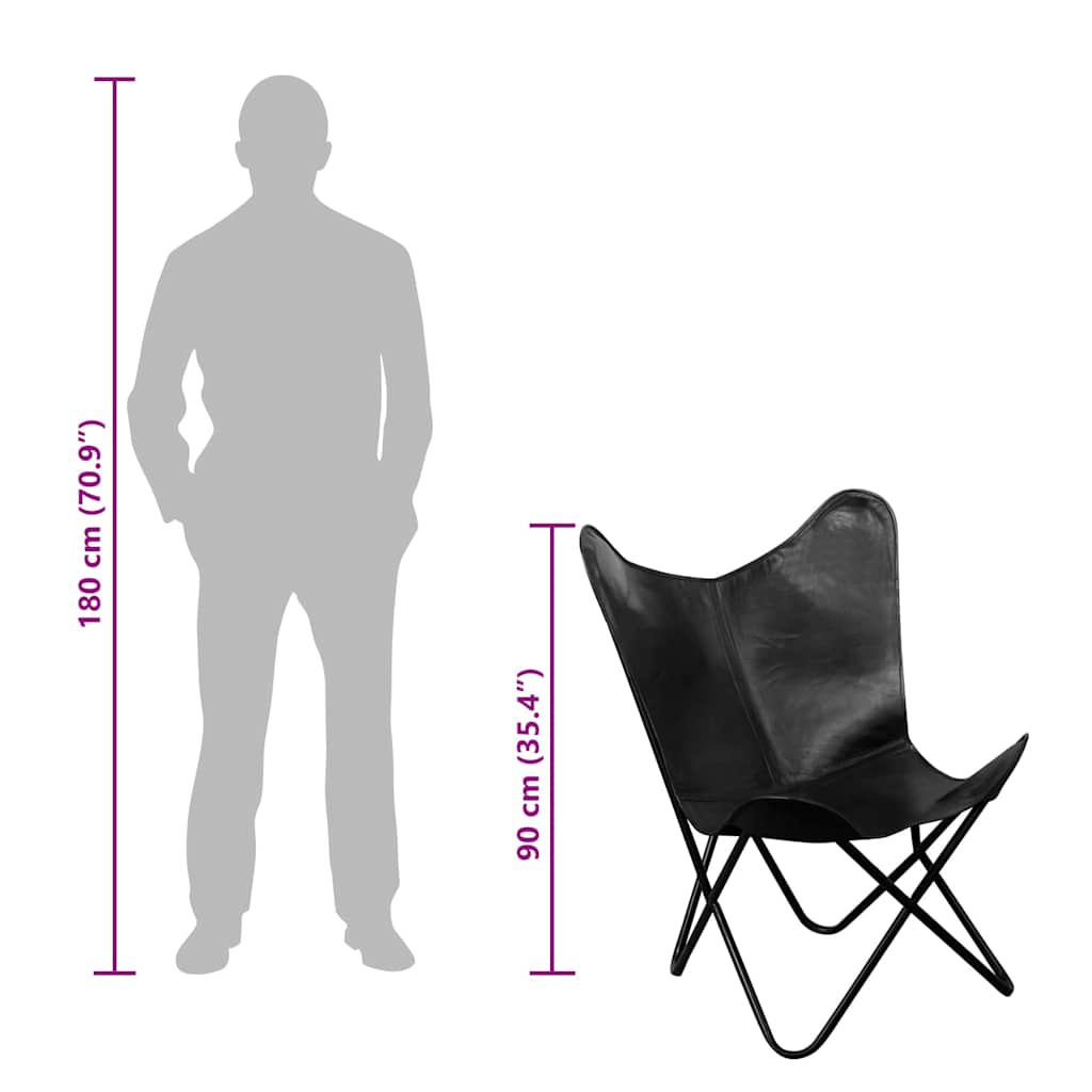 vidaXL Butterfly-Sessel Schwarz Echtleder
