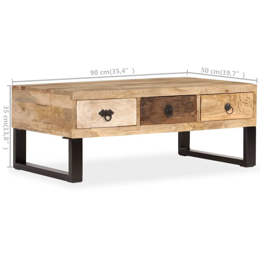 vidaXL Couchtisch mit 3 Schubladen Massivholz Mango 90x50x35 cm