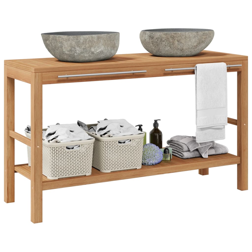 Waschtisch Massivholz Teak mit Waschbecken aus Flussstein