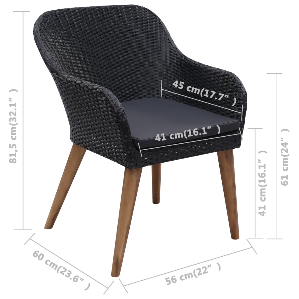 vidaXL 7-tlg. Garten-Essgruppe mit Auflagen Poly Rattan Schwarz