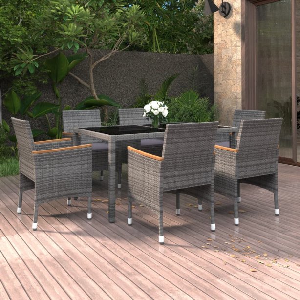 vidaXL 7-tlg. Garten-Essgruppe Poly Rattan und Hartglas Grau