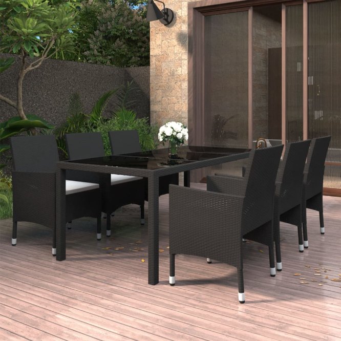 vidaXL 7-tlg. Garten-Essgruppe Poly Rattan und Hartglas Schwarz