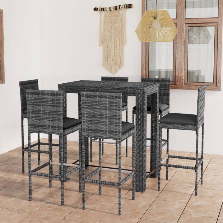 vidaXL 3-tlg. Gartenbar-Set mit Kissen Poly Rattan Schwarz