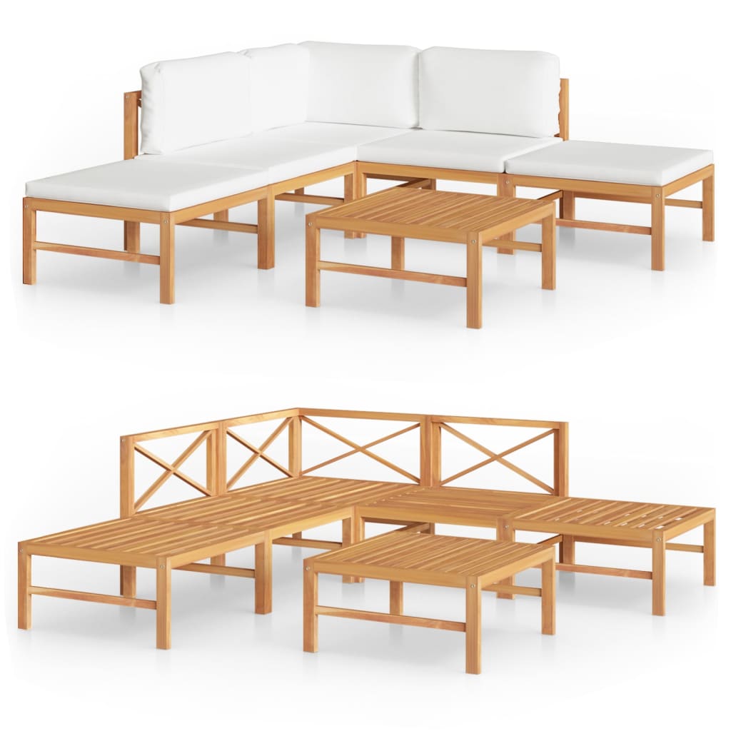 6-tlg. Garten-Lounge-Set mit Creme Kissen Massivholz Teak