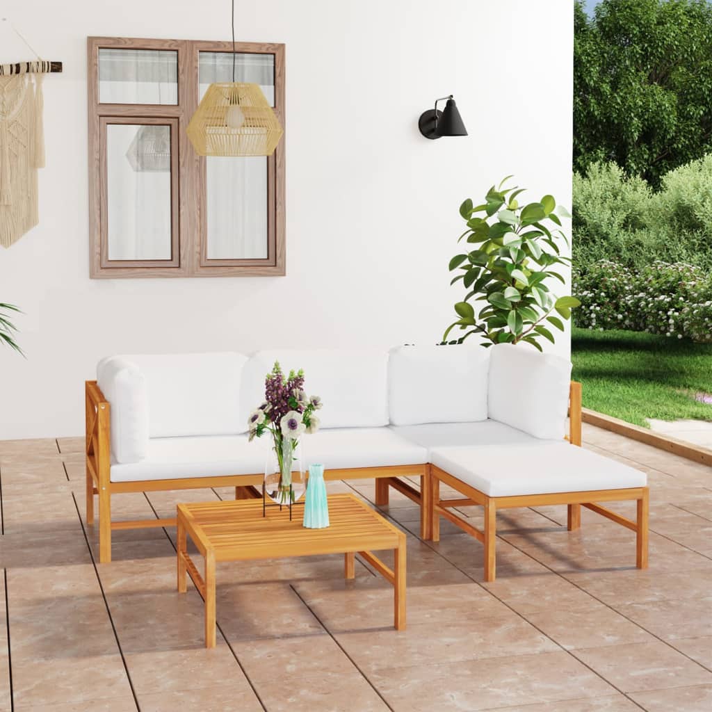 6-tlg. Garten-Lounge-Set mit Creme Kissen Massivholz Teak