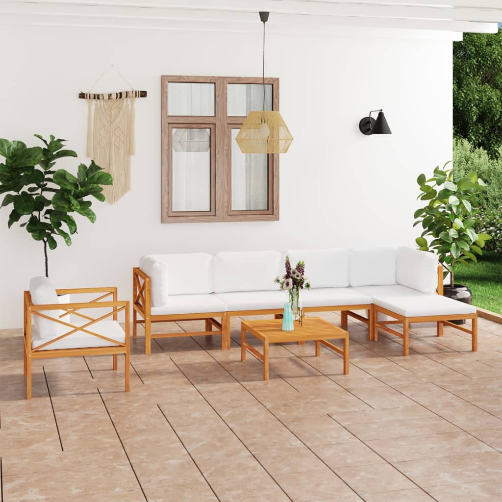 6-tlg. Garten-Lounge-Set mit Creme Kissen Massivholz Teak