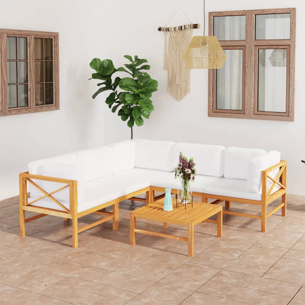 6-tlg. Garten-Lounge-Set mit Creme Kissen Massivholz Teak
