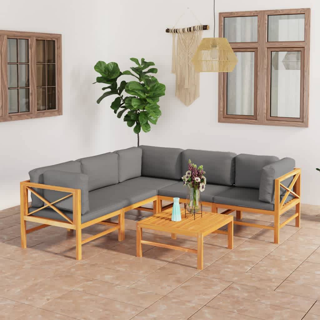 6-tlg. Garten-Lounge-Set mit Creme Kissen Massivholz Teak