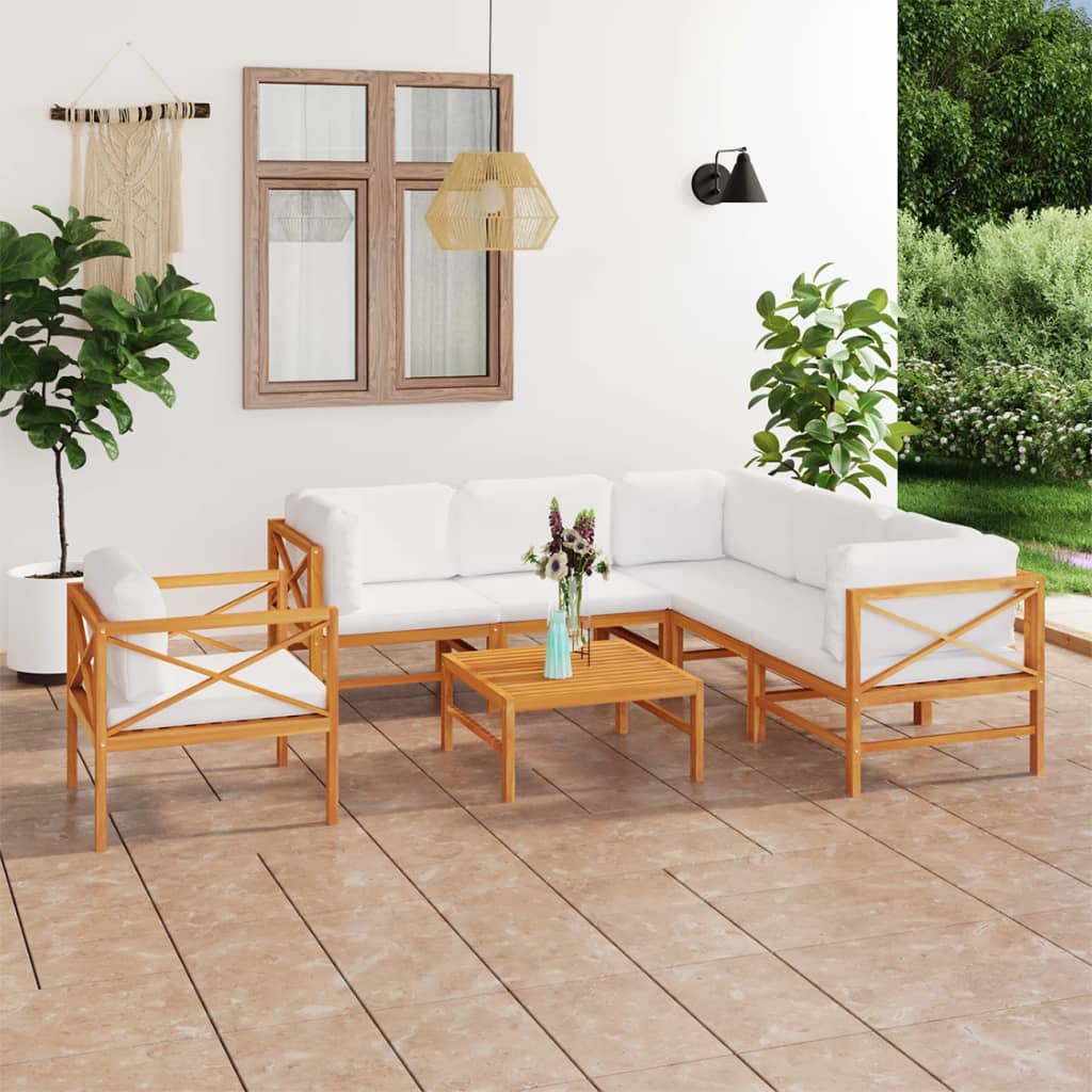 6-tlg. Garten-Lounge-Set mit Creme Kissen Massivholz Teak