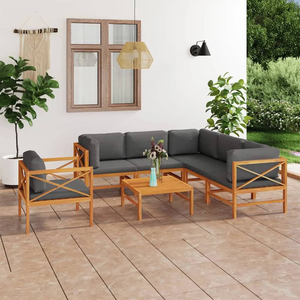 6-tlg. Garten-Lounge-Set mit Creme Kissen Massivholz Teak