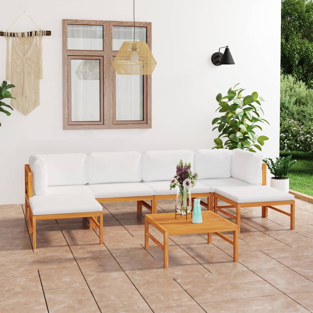 6-tlg. Garten-Lounge-Set mit Creme Kissen Massivholz Teak