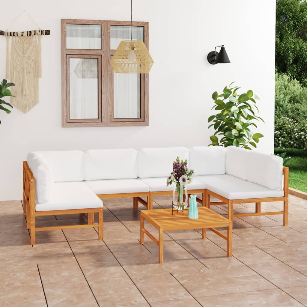 6-tlg. Garten-Lounge-Set mit Creme Kissen Massivholz Teak