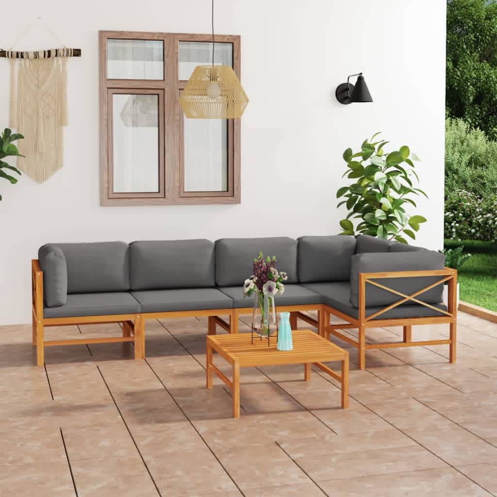 6-tlg. Garten-Lounge-Set mit Creme Kissen Massivholz Teak