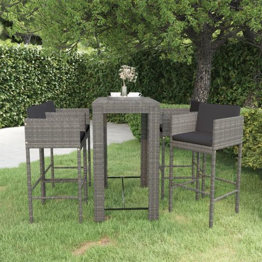 5-tlg. Gartenbar-Set mit Kissen Poly Rattan Braun