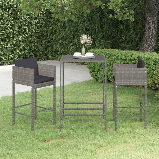 3-tlg. Gartenbar-Set mit Kissen Poly Rattan Braun