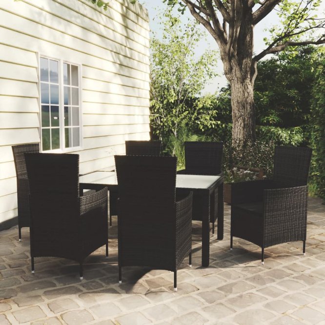 7-tlg. Garten-Essgruppe mit Auflagen Poly Rattan Schwarz