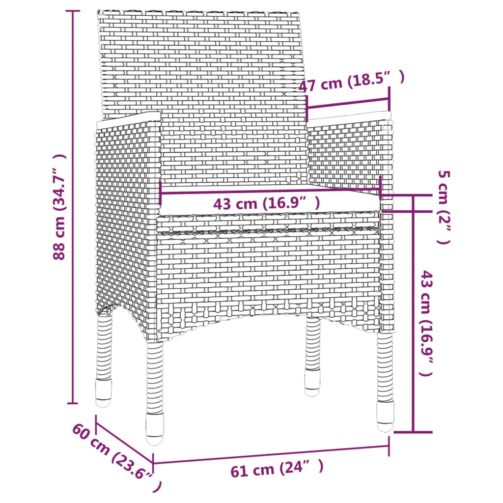 3-tlg. Garten-Essgruppe mit Auflagen Poly Rattan Schwarz
