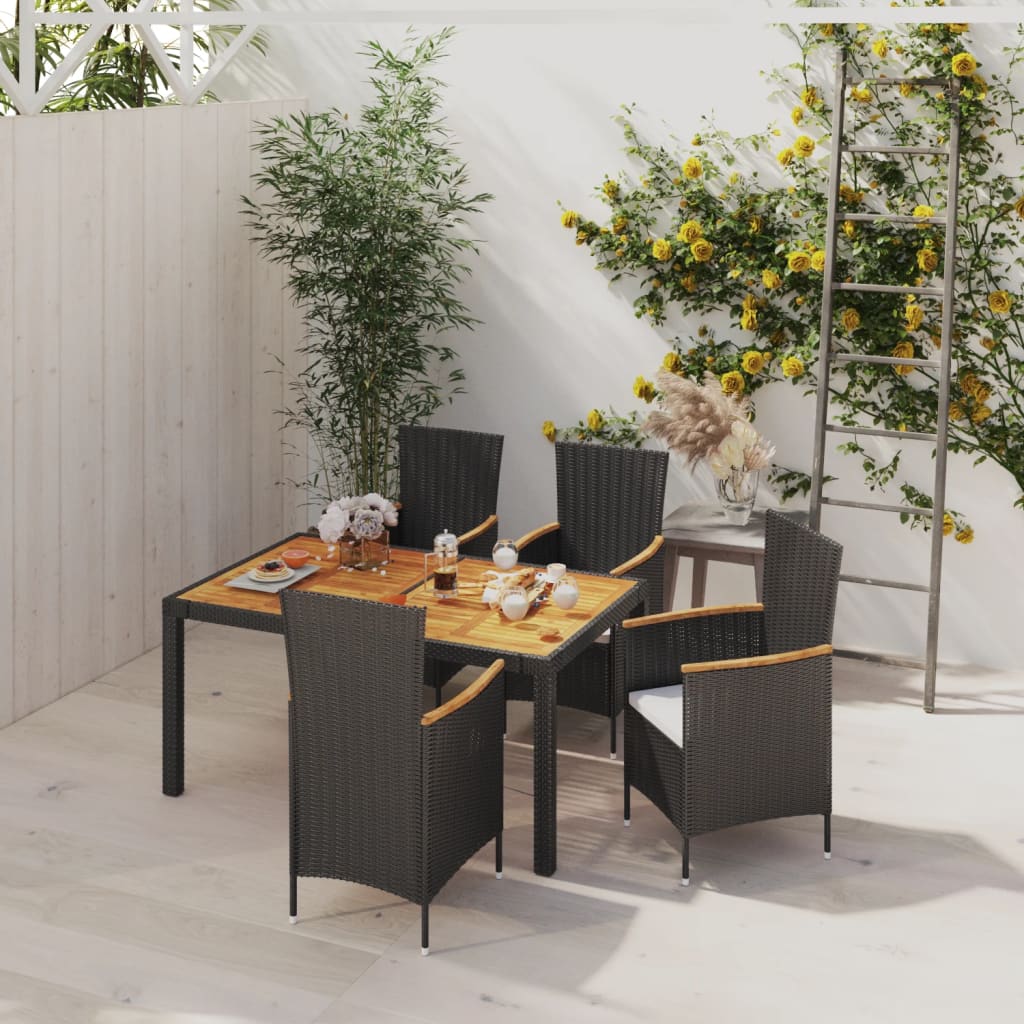 3-tlg. Garten-Essgruppe mit Auflagen Poly Rattan Schwarz
