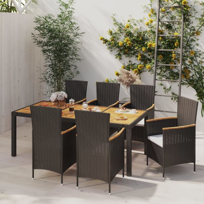 3-tlg. Garten-Essgruppe mit Auflagen Poly Rattan Schwarz