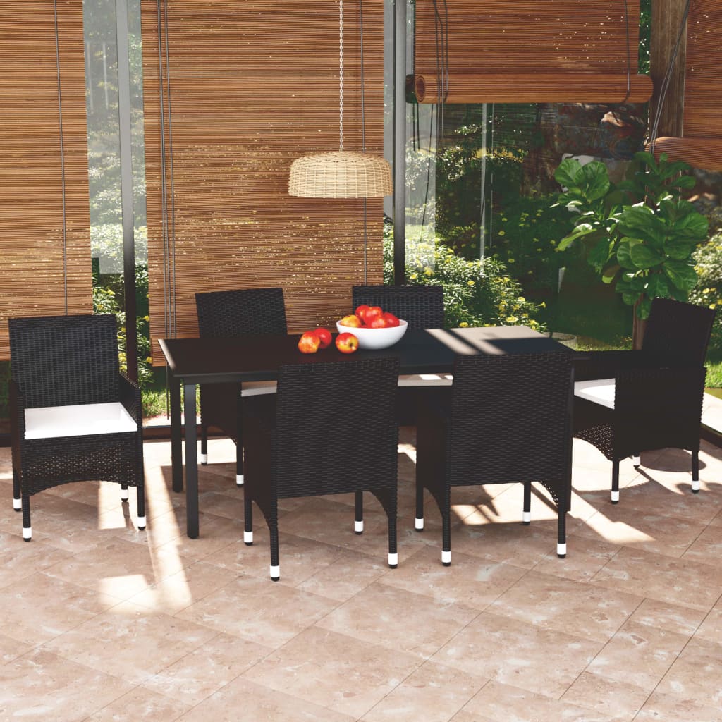 3-tlg. Garten-Essgruppe mit Kissen Poly Rattan Schwarz