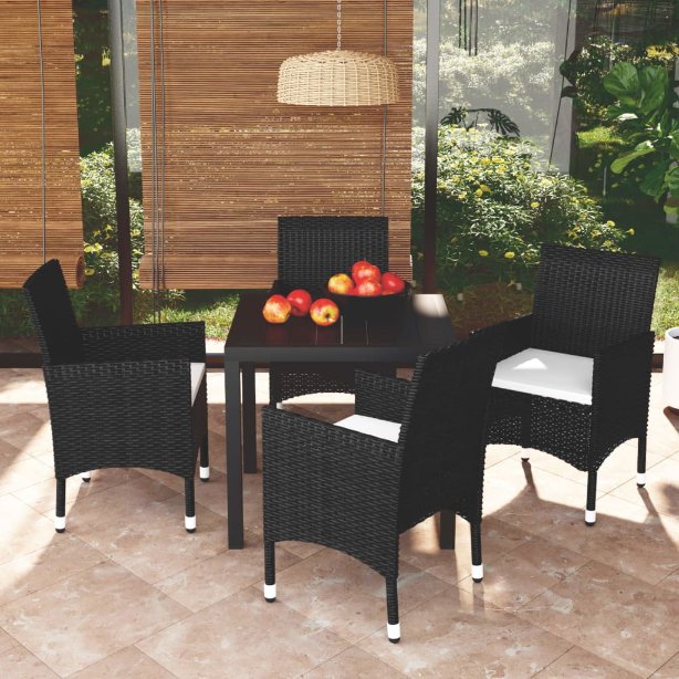 3-tlg. Garten-Essgruppe mit Kissen Poly Rattan Schwarz