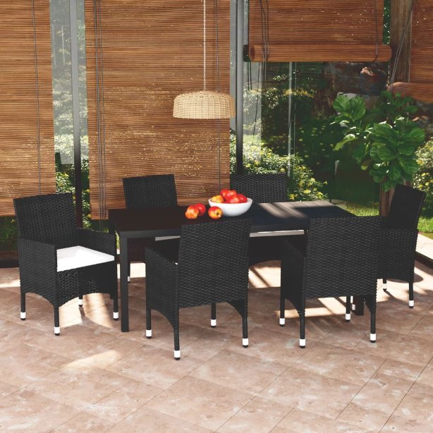 3-tlg. Garten-Essgruppe mit Kissen Poly Rattan Schwarz