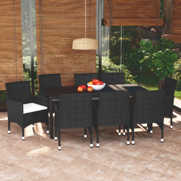 3-tlg. Garten-Essgruppe mit Kissen Poly Rattan Schwarz