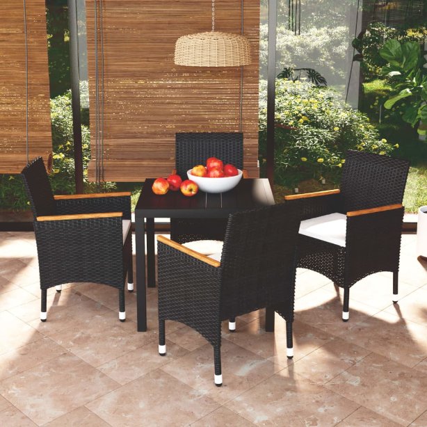 3-tlg. Garten-Essgruppe mit Kissen Poly Rattan Schwarz