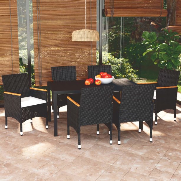 3-tlg. Garten-Essgruppe mit Kissen Poly Rattan Schwarz