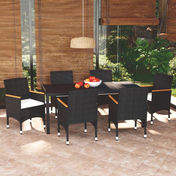 3-tlg. Garten-Essgruppe mit Kissen Poly Rattan Schwarz