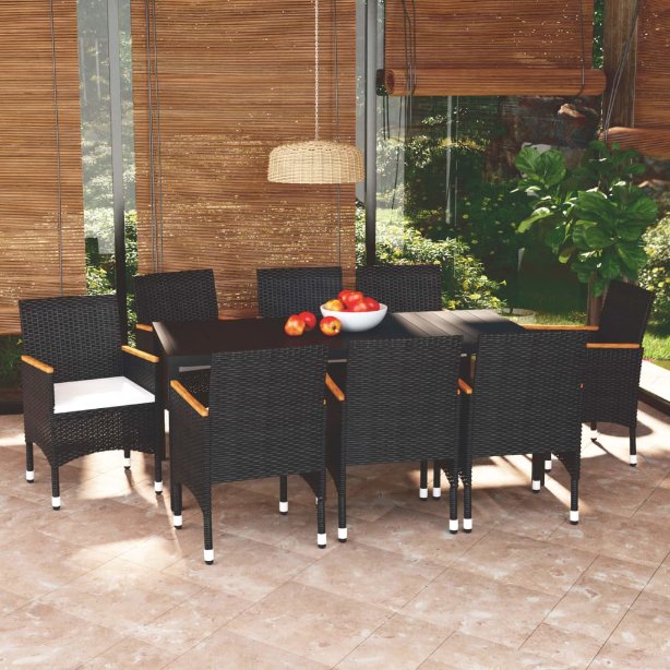 3-tlg. Garten-Essgruppe mit Kissen Poly Rattan Schwarz