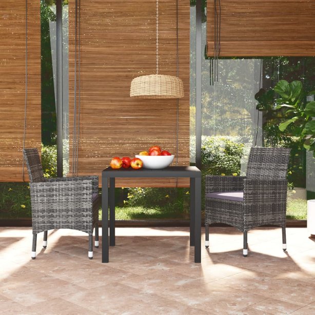 3-tlg. Garten-Essgruppe mit Kissen Poly Rattan Schwarz