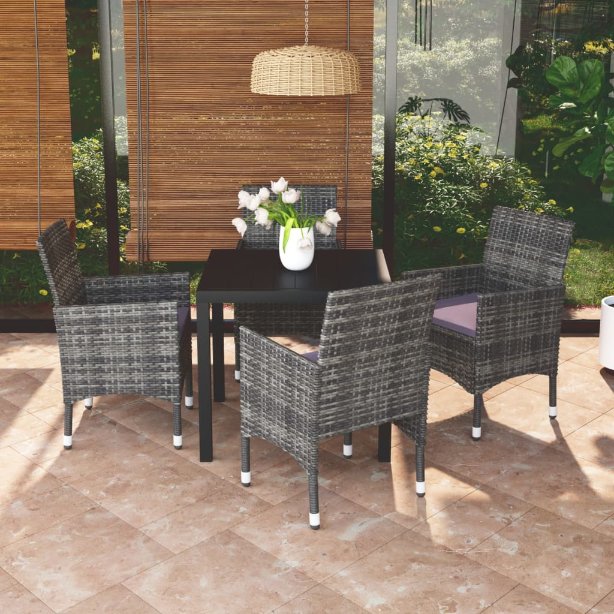 3-tlg. Garten-Essgruppe mit Kissen Poly Rattan Schwarz