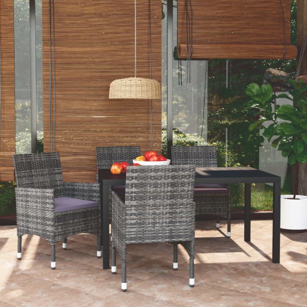 3-tlg. Garten-Essgruppe mit Kissen Poly Rattan Schwarz