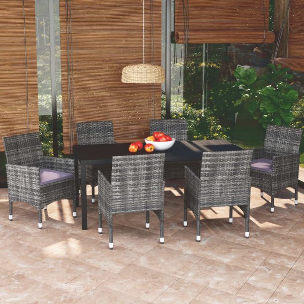 3-tlg. Garten-Essgruppe mit Kissen Poly Rattan Schwarz