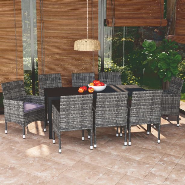 3-tlg. Garten-Essgruppe mit Kissen Poly Rattan Schwarz