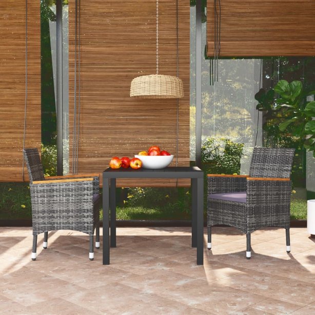 3-tlg. Garten-Essgruppe mit Kissen Poly Rattan Schwarz