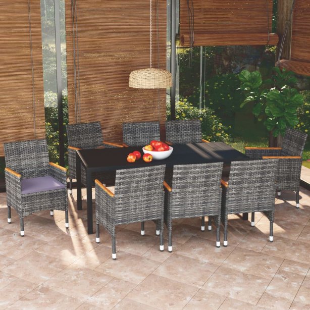 3-tlg. Garten-Essgruppe mit Kissen Poly Rattan Schwarz