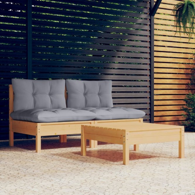 3-tlg. Garten-Lounge-Set mit Grauen Kissen Kiefernholz